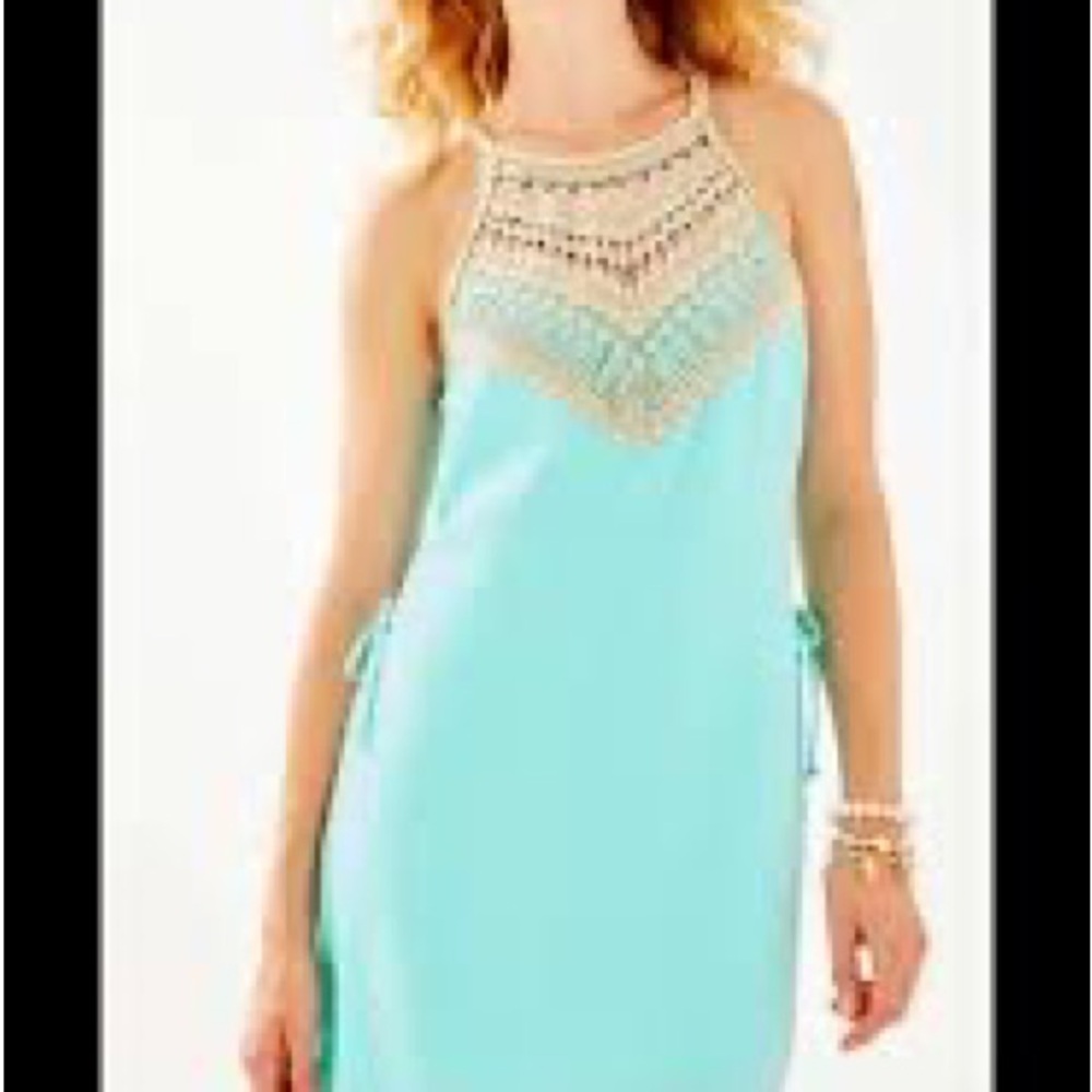 Lilly Pulitzer- Pearl romper, Bali Blue with gold details, Size 14